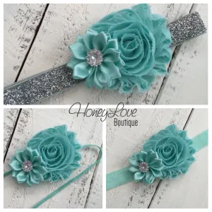 Mint/Aqua - Shabby Flower and Satin Flower Rhinestone Headband