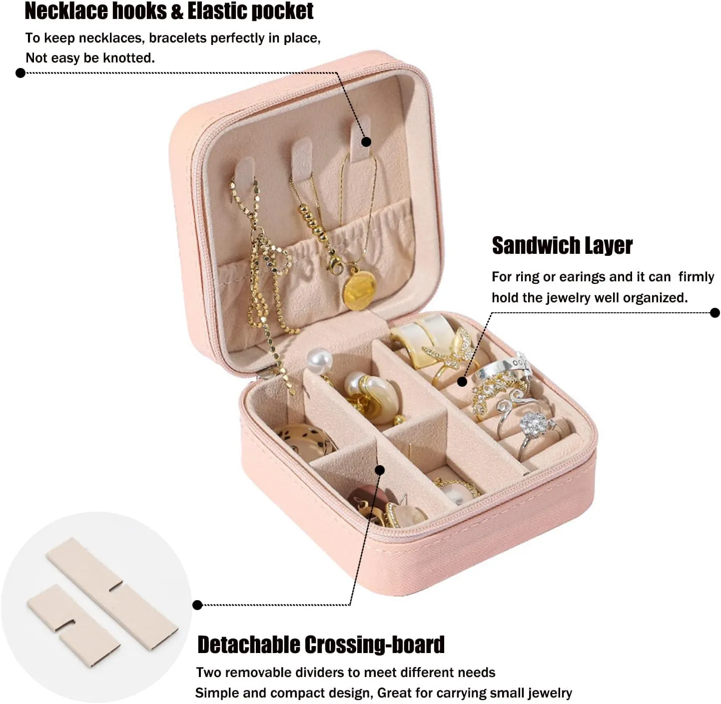 MODENGKONGJIAN Mini Jewelry Travel Case, PU Leather Organizer Box, Small Portable Jewellery Storage Holder for Womens Rings Earrings Necklaces Bracelets (Pink)