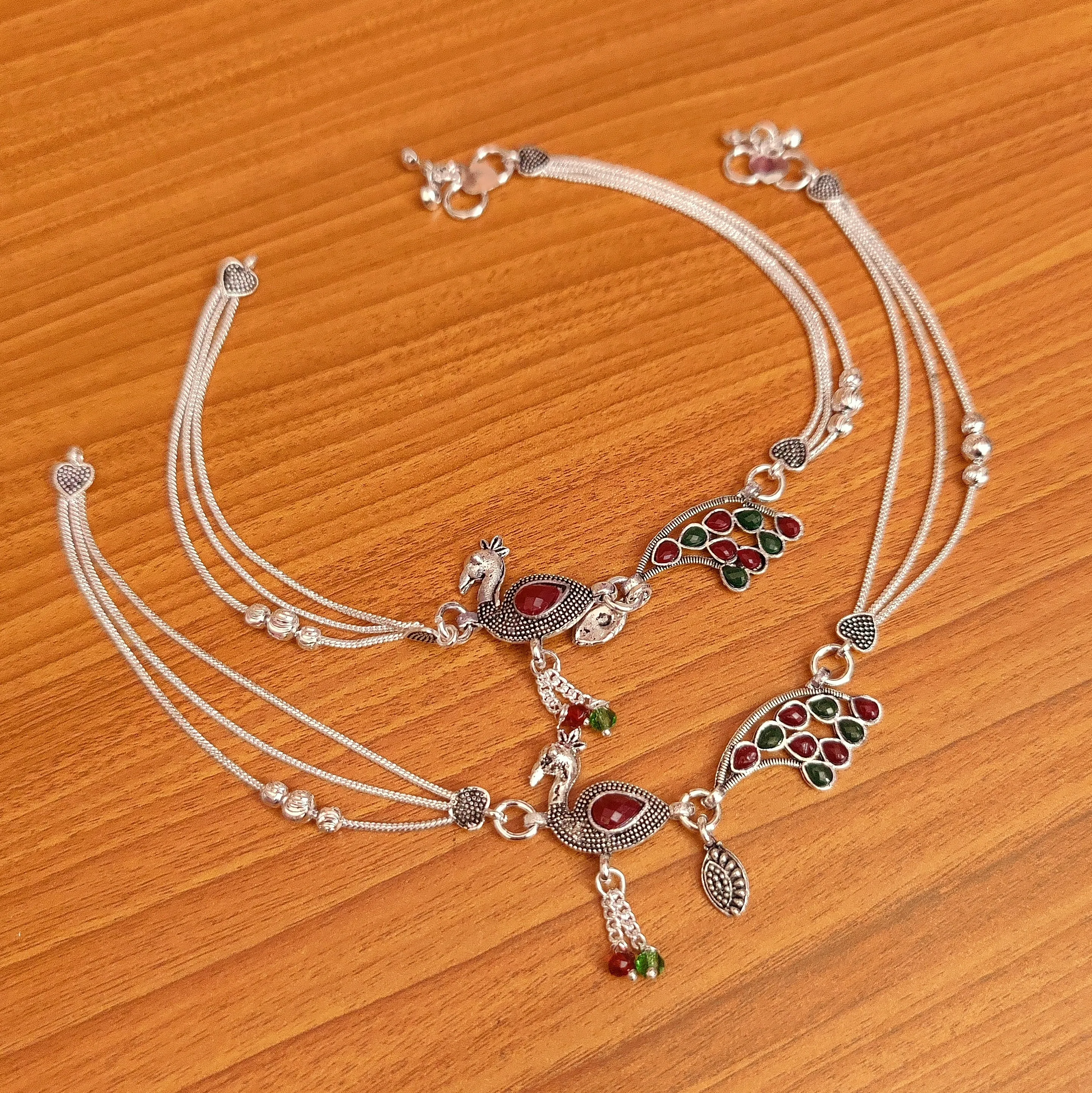MULTICOLOUR SILVER ANTIQUE LOOK PEACOCK ANKLETS