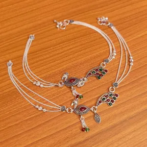 MULTICOLOUR SILVER ANTIQUE LOOK PEACOCK ANKLETS