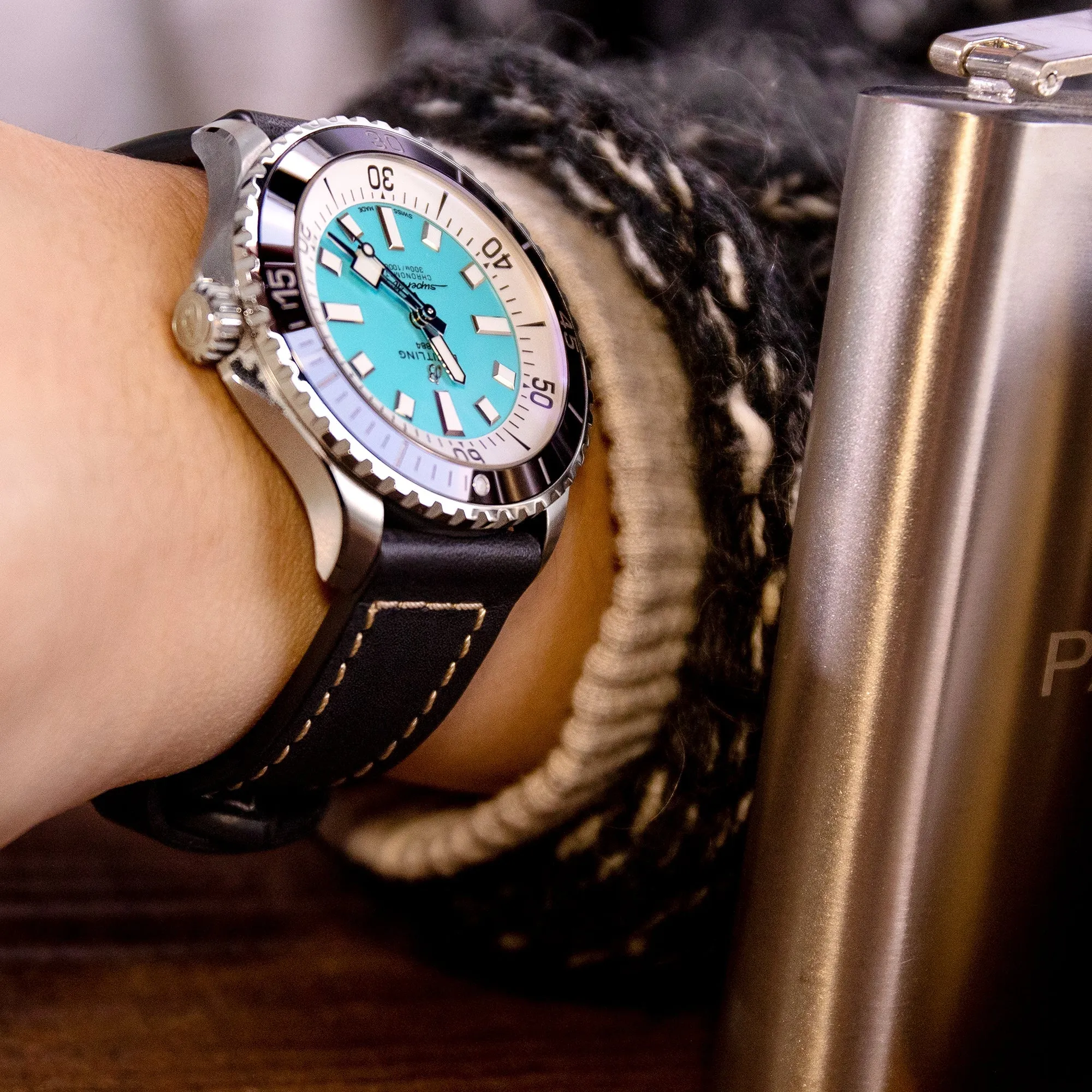 Pam Collection, Black French Crafted Barenia Leather Watch Strap for Panerai, Beige Stitching
