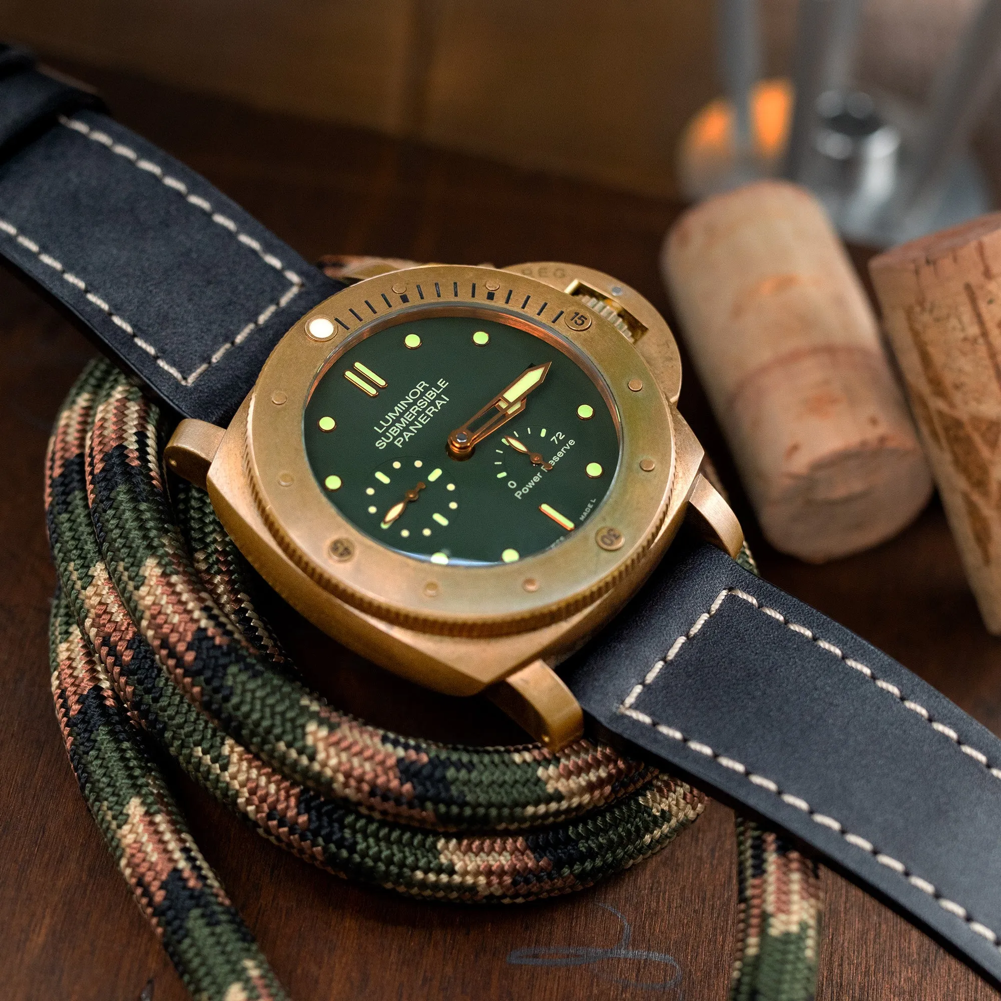 Pam Collection, Black French Crafted Barenia Leather Watch Strap for Panerai, Beige Stitching