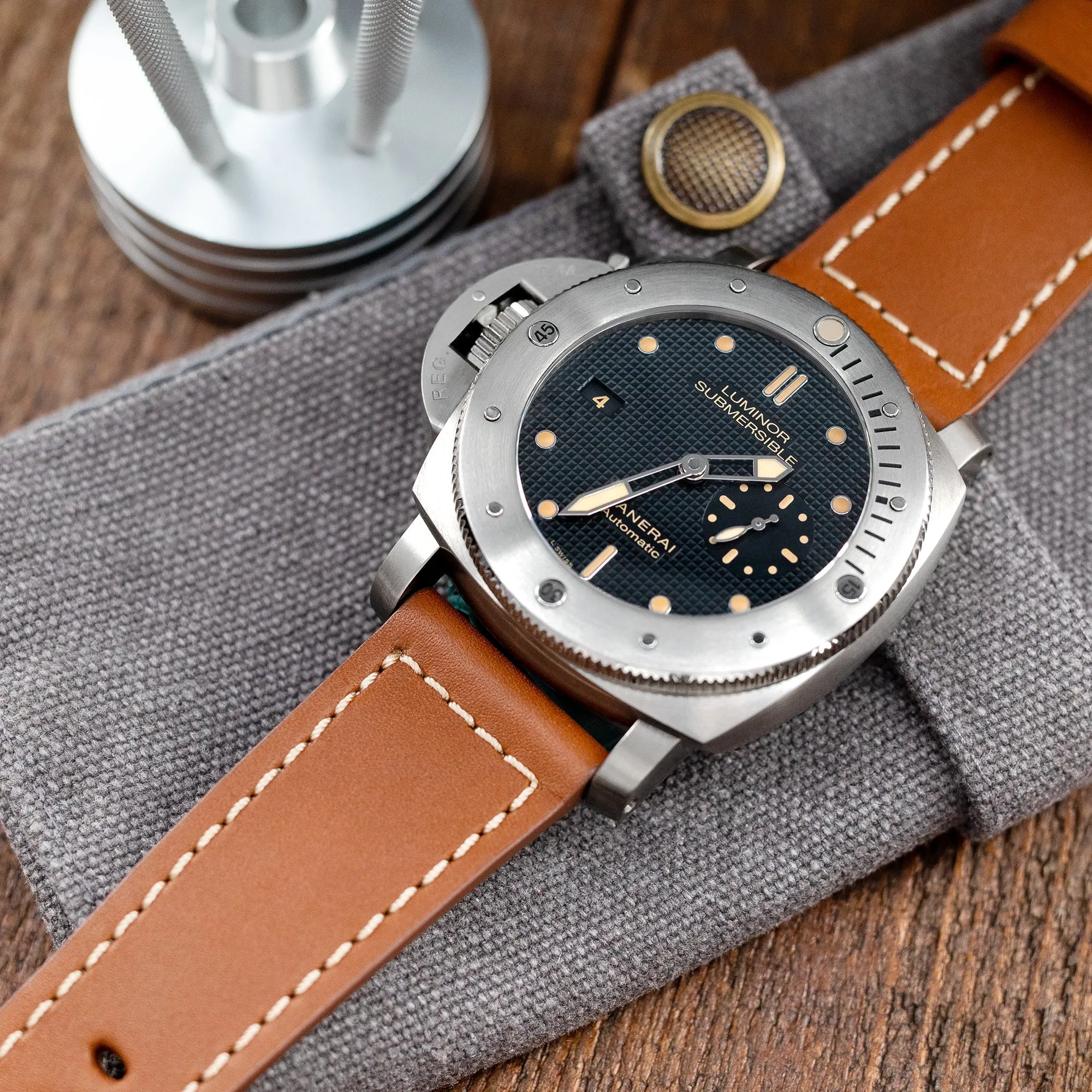 Pam Collection, Brown French Crafted Barenia Leather Watch Strap for Panerai, Beige Stitching