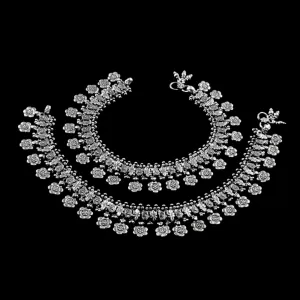 Real Silver Women Oxidized Anklets Ankle Pair 10.5"