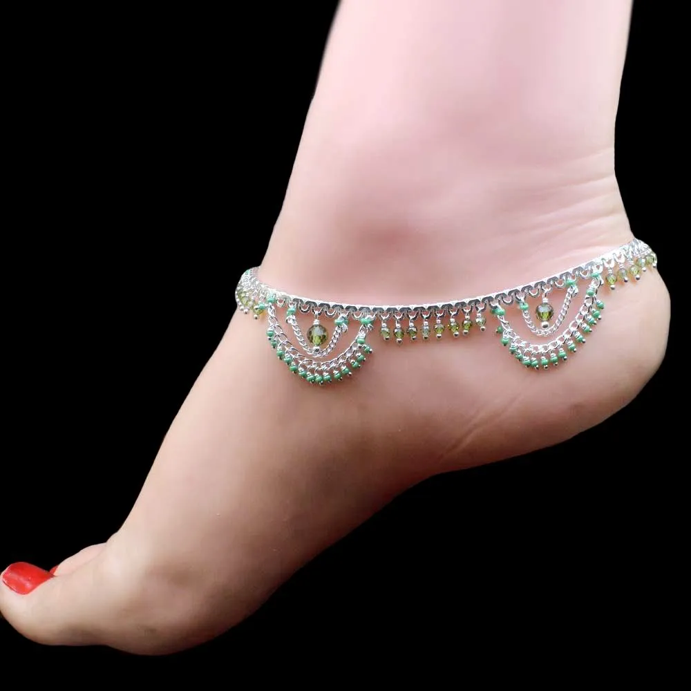 Real Solid Silver Indian Traditional Green Beads Women Anklets Pair 10.5"