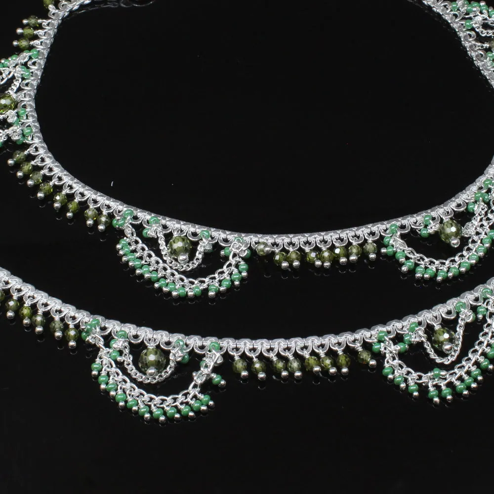 Real Solid Silver Indian Traditional Green Beads Women Anklets Pair 10.5"
