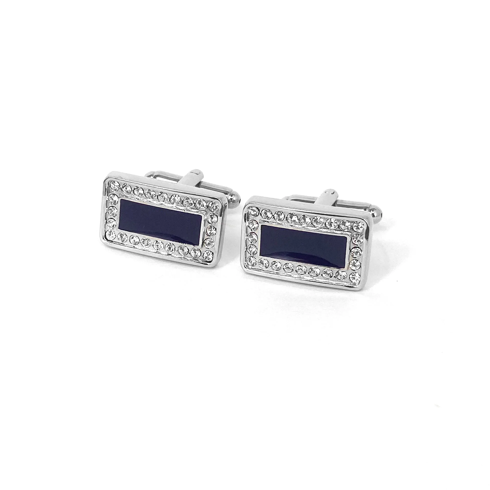 Rectangle Black Enamel Centerpiece with 24 Clear Crystals Cufflinks (Online Exclusive)