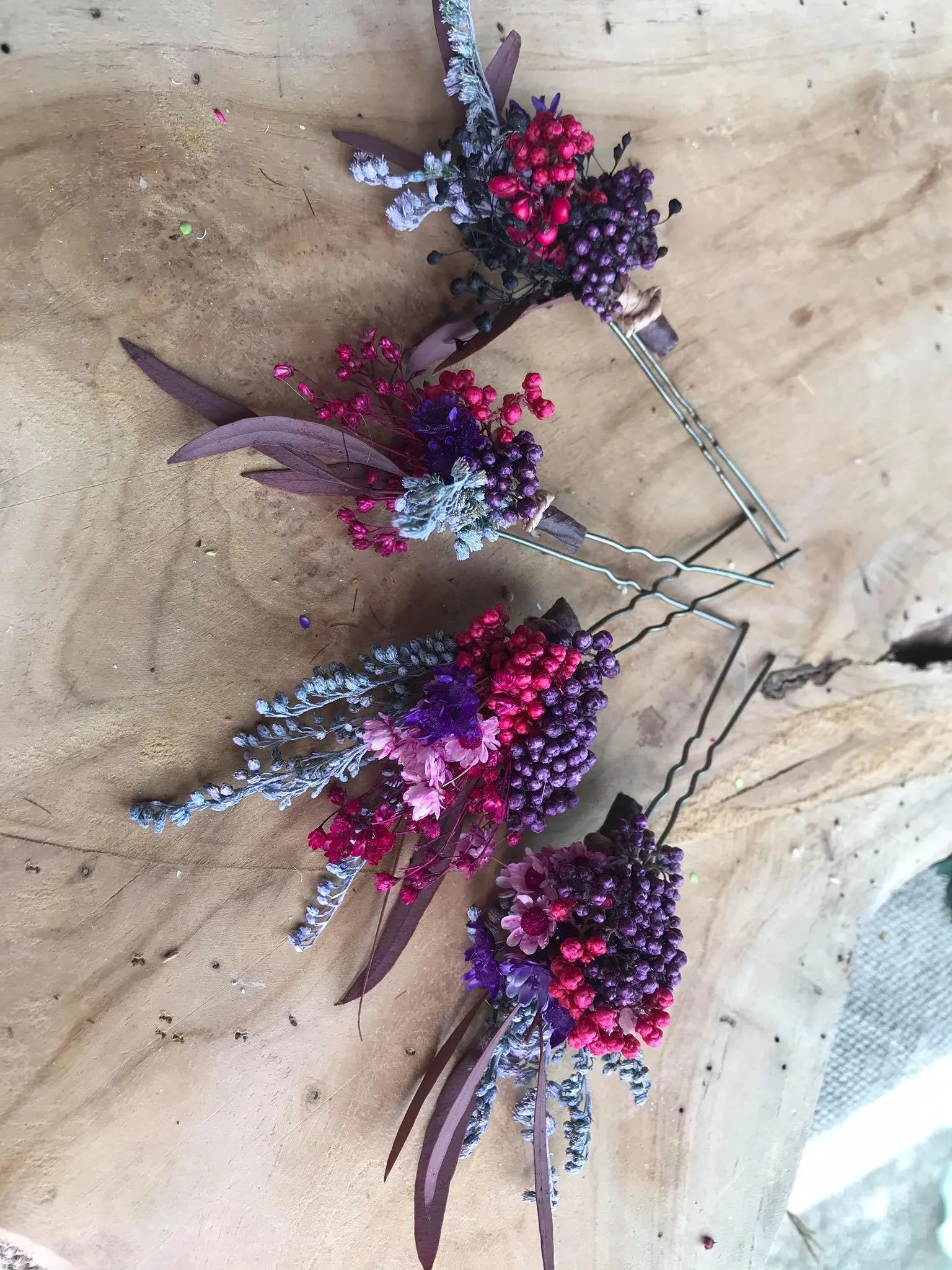 Red and purple flower hair pins