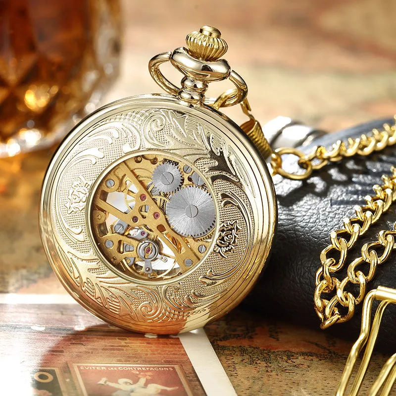 Retro Golden Steel Hollow Exquisite Sculpture Mechanical Pocket FOB Watch