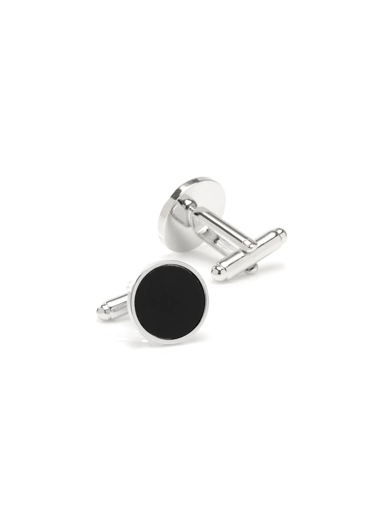 ROUND SILVER CUFFLINK WITH ONYX INLAY