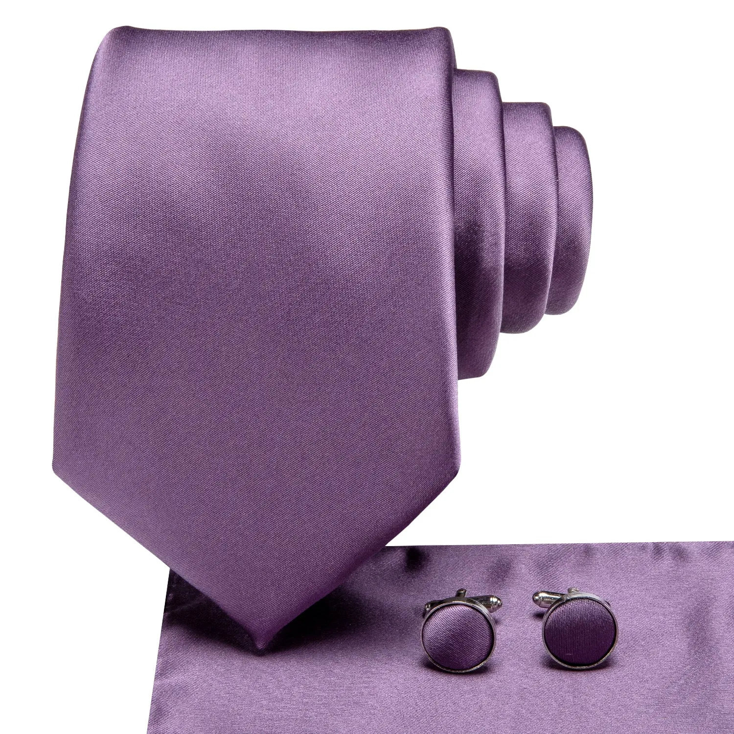 Shiny Purple Solid Tie Pocket Square Cufflinks Set