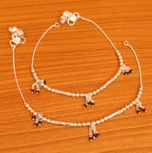 SILVER LOOK ALIKE ANKLETS WITH BLACK BEADS