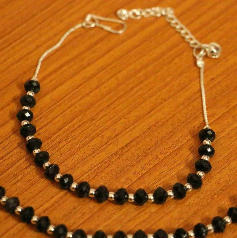 SILVER PLATED BLACK BEAD ANKLETS