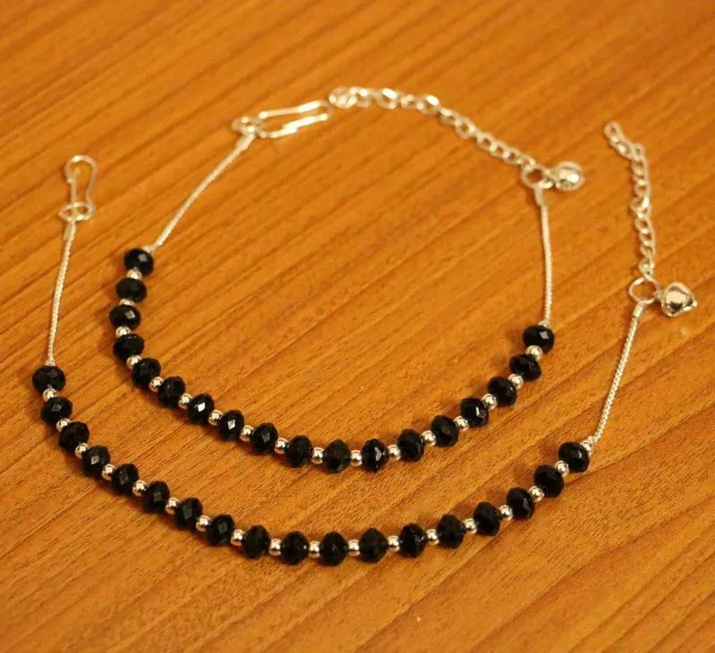 SILVER PLATED BLACK BEAD ANKLETS