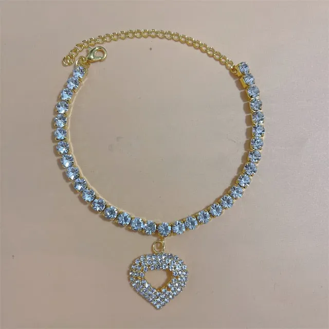Silver Stretchy Rows Anklet Ankle Chain Rhinestones Foot Jewelry