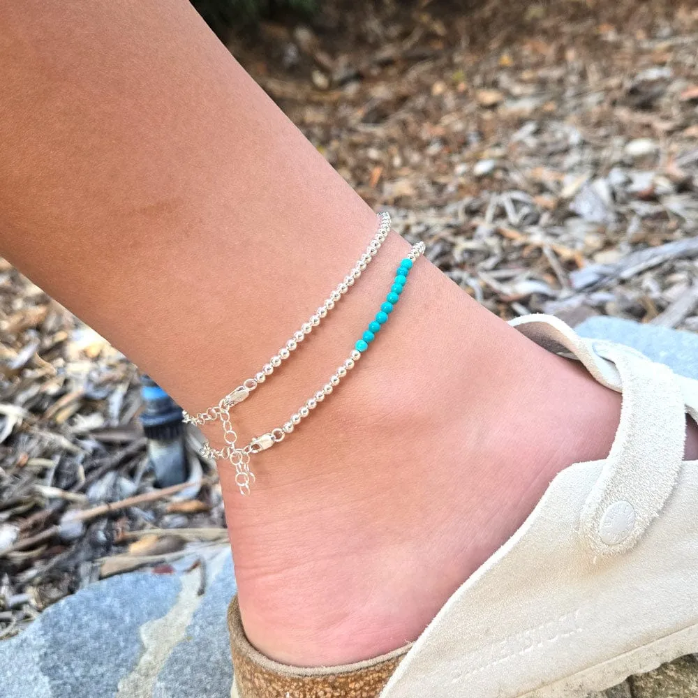 Sterling Silver & Turquoise Anklet 2mm