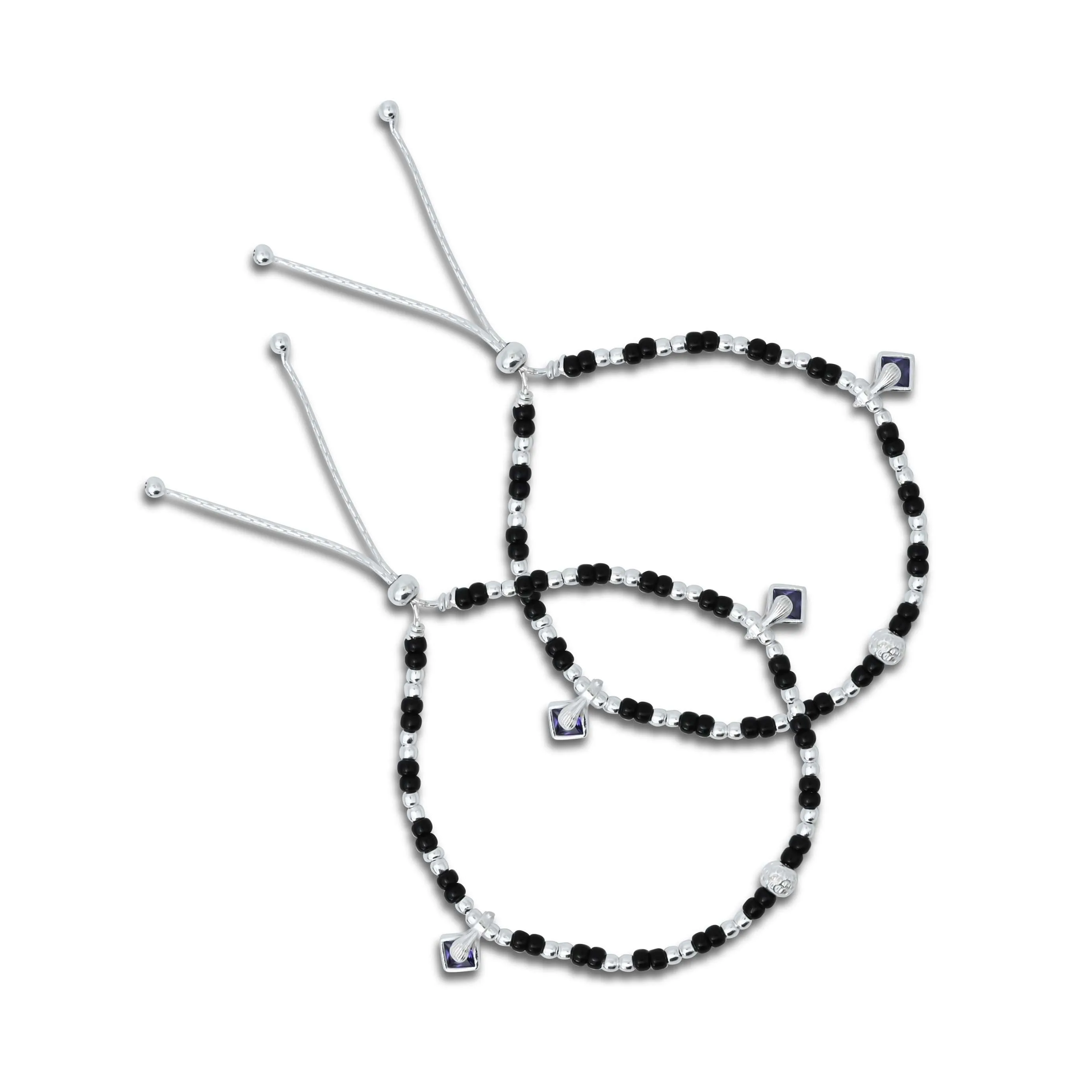 Sterling Silver Blue Gem Stone with Silver and Black Beads Anklet for Girls