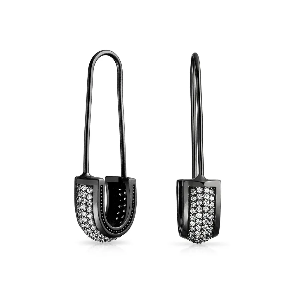 Symbol of Support Dangle Chandelier Earrings Pave CZ Safety Pin Threader  Silver