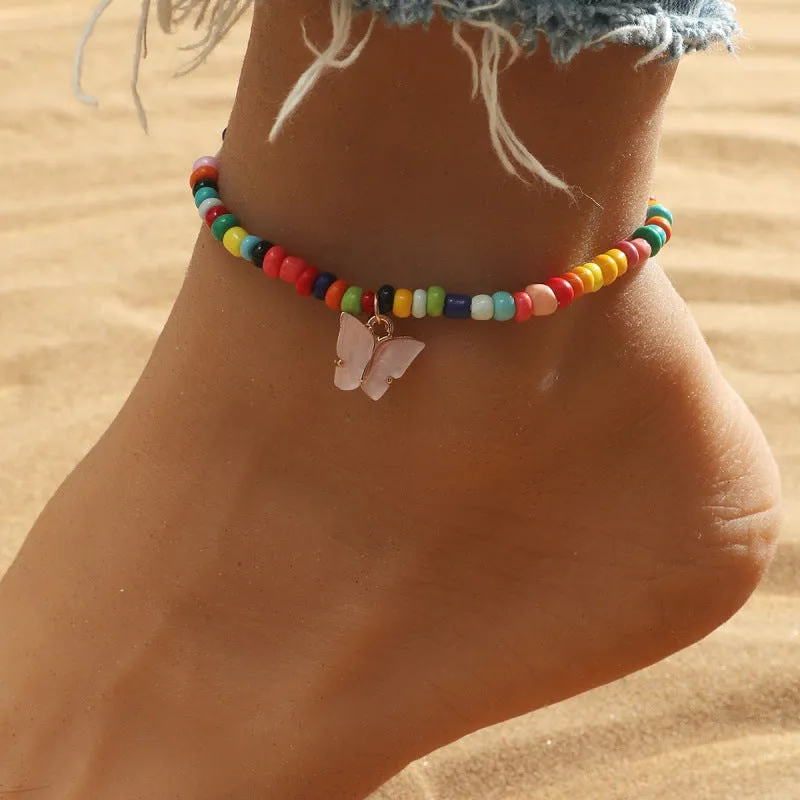Wholesale Colorful Beaded Anklet Summer Boho Butterfly Rice Bead Anklet MOQ≥2 JDC-AS-RuiP007
