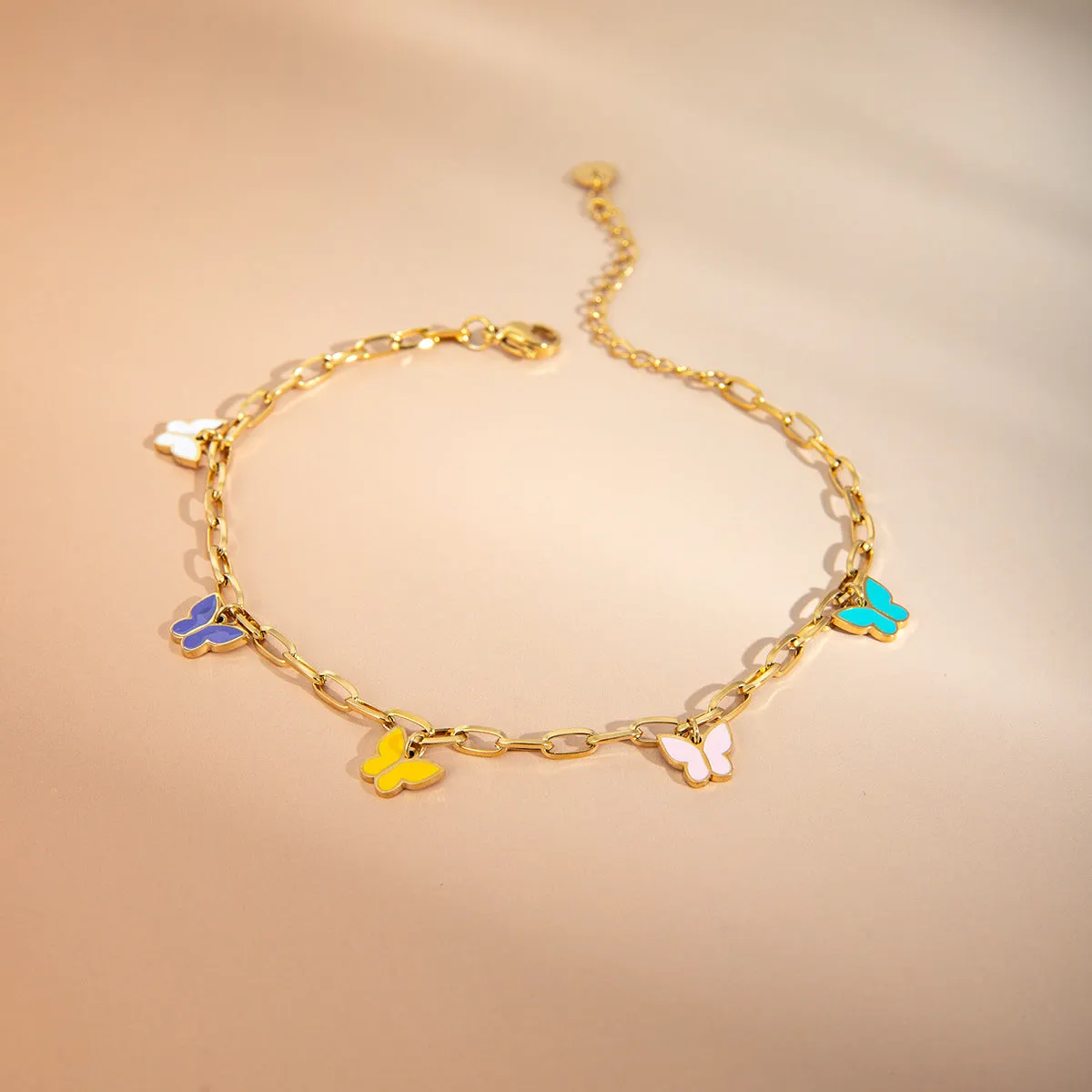 Wholesale Summer Fashion Temperament Colorful Oil Drop Butterfly 16k Gold Stainless Steel Anklet