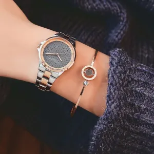 Women's Fashion Quartz Movement Rhinestone Decor Stainless Steel Watch