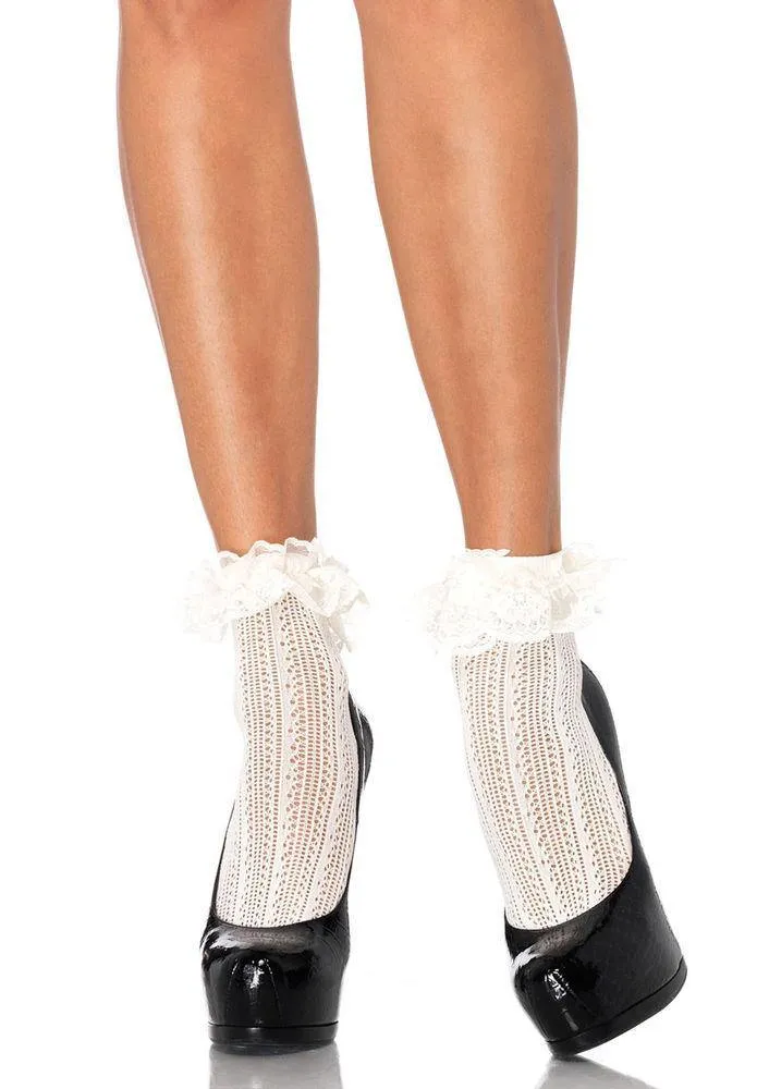 Womens Ivory Crochet Net Lace Top Anklets