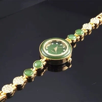 Women's Natural Hetian Jade Stainless Steel Waterproof Wrist Watch
