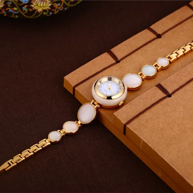 Women's Natural Hetian Jade Stainless Steel Waterproof Wrist Watch
