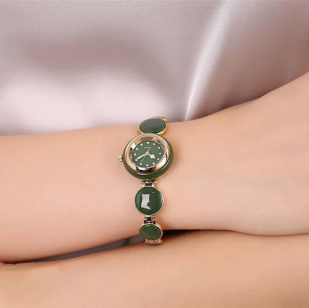 Women's Natural Hetian Jade Stainless Steel Waterproof Wrist Watch